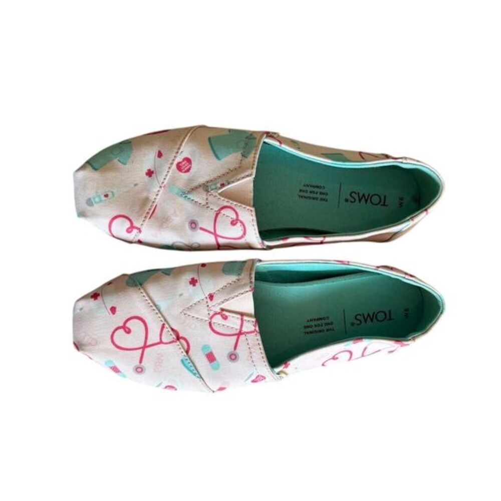Toms Women's Slip-On Shoes Pink Nurse Print Size 6 Casual Flats